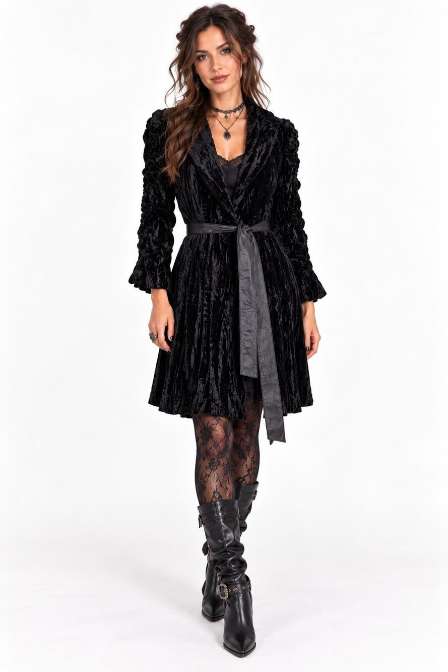 Alberto Makali Jacket Large Black Crushed Velvet Wrap Duster Coat Whimsigoth